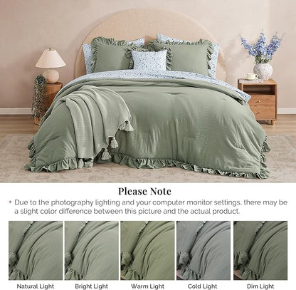 Twin XL Comforter Set - 5 Pieces Ruffle Sage Green Bedding Sets, Shabby Chic Farmhouse Bed in a Bag Twin XL with Ruffle Comforter, Floral Sheets, Pillowcases & Shams