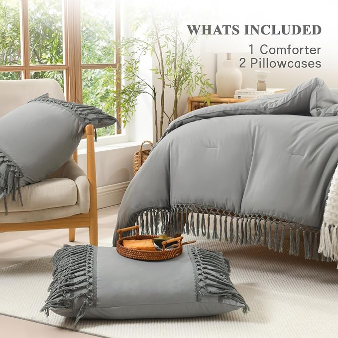 Andency Queen Comforter Set Medium Grey, 3 Pieces Boho Lightweight Fall Bedding Comforter Sets, Tassel Bed Set (90x90In Comforter & 2 Pillowcases)