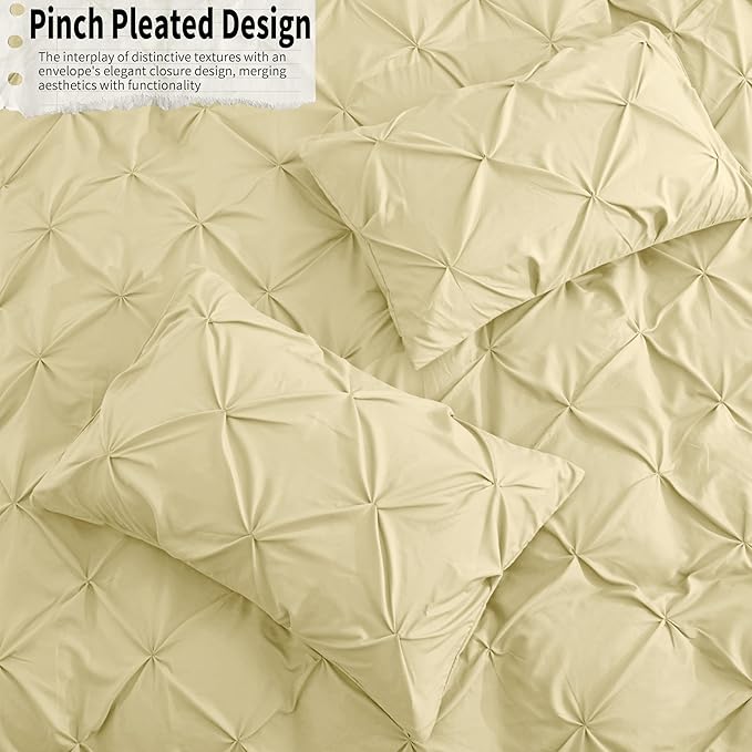VACVELT 5 Piece Pinch Pleated Duvet Cover Full/Queen Size Set, Beige Pintuck Duvet Cover with Zipper & 8 Ties, Shabby Chic Microfiber + 2 Pillow Shams + 2 Pillowcases, No Comforter