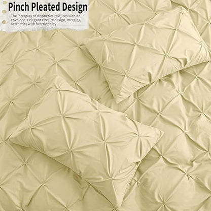 VACVELT 5 Piece Pinch Pleated Duvet Cover Full/Queen Size Set, Beige Pintuck Duvet Cover with Zipper & 8 Ties, Shabby Chic Microfiber + 2 Pillow Shams + 2 Pillowcases, No Comforter