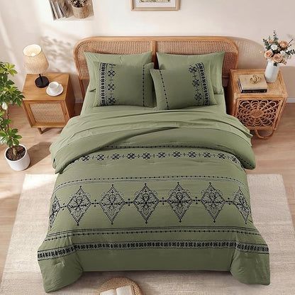 MaiRêve Full Size Comforter Set Olive Green, Embroidery Floral Western Boho Bedding Set, All Season 7 Pieces Bed in a Bag with Sheets, Pillowcases & Shams