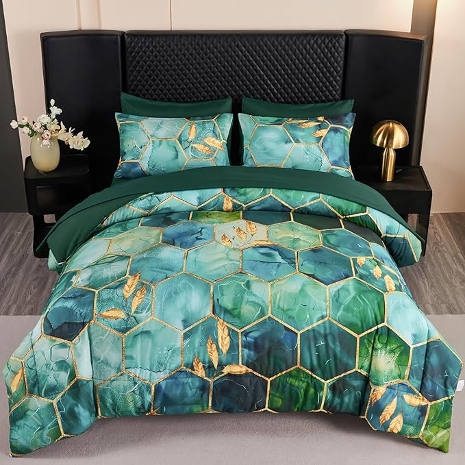 ANGIYUIN 7Pcs Turquoise Green Marble California King Size Bedding Comforter Set Gold Honeycomb Watercolor Printed Comforter Set Luxury Foil Print Bedding Sets for Women Men(Cal-King Teal Green)