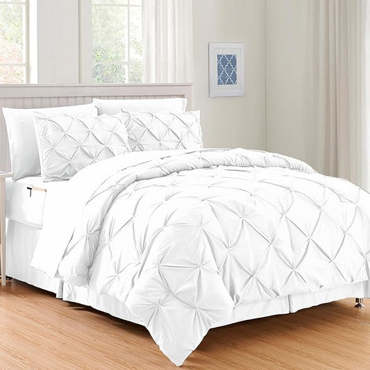 Elegant Comfort 8-Piece Pinch Pleated Comforter Set - All Season Complete Bed in a Bag, Includes 4pc Smart Sheet Set, Bed Skirt, Comforter, Matching Pillowcases and Shams, King/Cal King, White