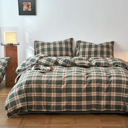 EAVD Vintage Style Green Plaid Duvet Cover Queen Soft 100% Washed Cotton Red Green Grid Checkered Bedding Set with 2 Pillowcases Retro Farmhouse Geometric Grid Duvet Cover with Zipper Closure