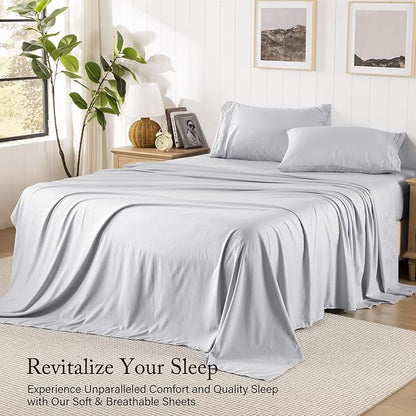 Light Grey King Size Sheet Set, Pre-washed Microfiber Cotton-Like 4 Pcs Ultra Soft Bedding Set King, Breathable Cooling Skin-Friendly All Seasons, 1 Fitted, 1 Flat, 2 Pillowcases (Light Grey, King)