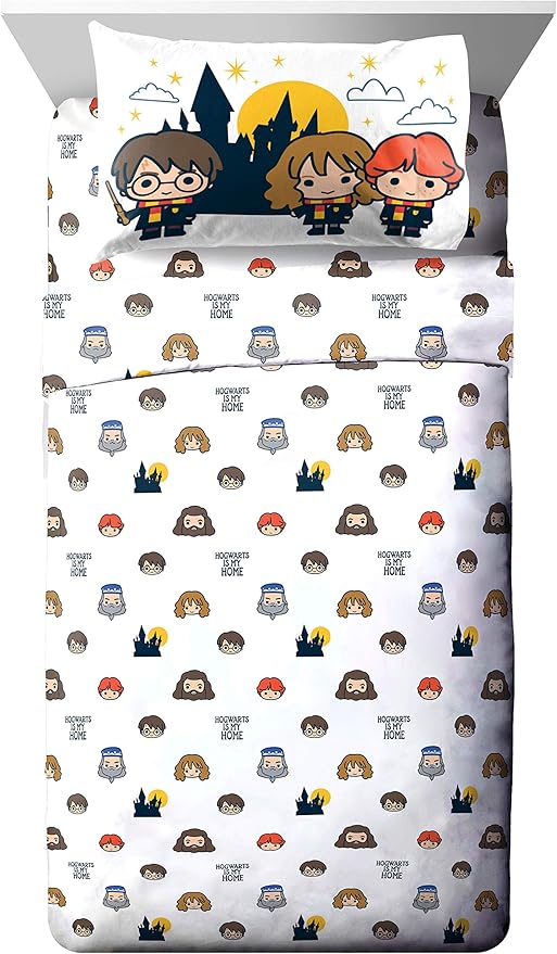 Jay Franco Kids Sheet Cartoon Set with Fitted, Flat Sheets & Pillow Cover - Ultra-Soft Bedding with Pillowcase for Room Decor, Grey - Harry Potter, 3 Piece Twin