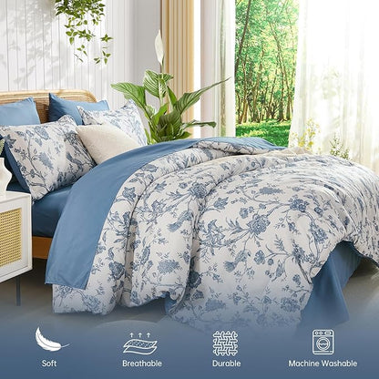 Luxudecor Floral Comforter Set King Size 7 Pieces, Blue Flower with Bird Bed in a Bag, Soft Reversible Comforter with Sheet Bed Set 104"x90"
