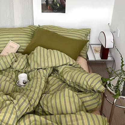mixinni Vintage Stripes Duvet Cover Set Queen - 3-Piece Mid-Century Cotton Olive & Taupe Striped Bedding, Soft Breathable All-Season Comforter Cover with Zipper Closure & Corner Ties-Queen Size