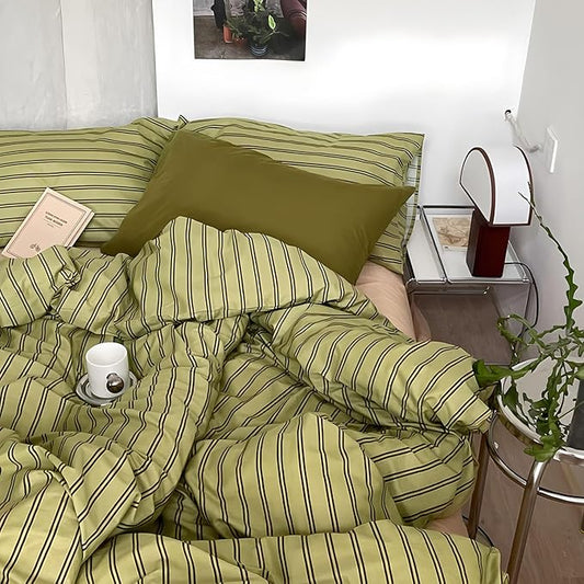mixinni Vintage Stripes Duvet Cover Set Full - 3-Piece Mid-Century Cotton Olive & Taupe Striped Bedding, Soft Breathable All-Season Comforter Cover with Zipper Closure & Corner Ties-Full Size
