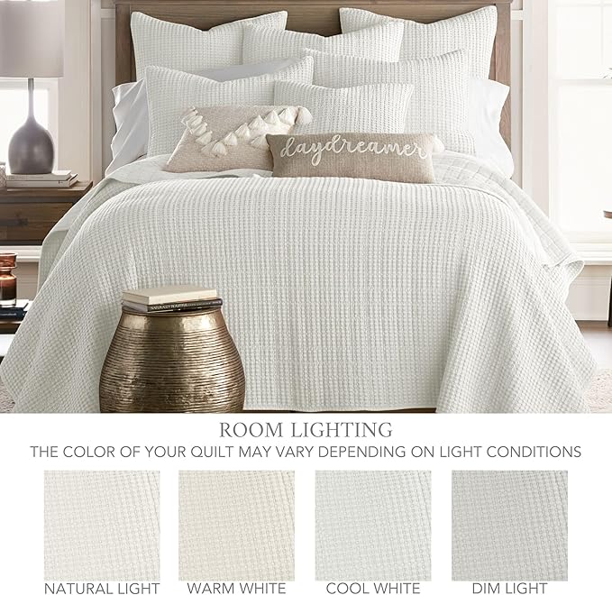 Levtex Home Mills Waffle King Bedspread Set (122x106in) with 2 Pillow Shams (36x20in) - Cream - Cotton Waffle King Size Bedspread Set - Soft, Pre-Washed