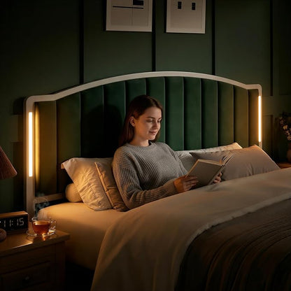 Headboard for King Size Bed with LED Lights, Upholstered Vertical Channel Tufting Head Boards, Velvet Headboard Only, Study & Comfortable, Ideal for Bedroom, Dorm, Guest Room, Green