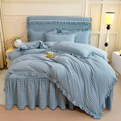 mixinni Vintage Blue Gingham Ruffle Comforter Set 3-Piece Washed Cotton Twin XL Size Grid Bedding Set with Geometric Checkered Pattern, Farmhouse Chic Soft Fluffy Comforter for All-Season