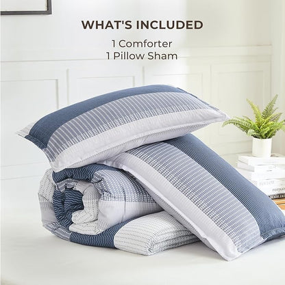 Litanika Mineral Blue Bed Comforter Set Twin Size, 2 Pieces Lightweight Striped Bedding Comforter Set, Soft All Season Down Alternative Comforter (1 Comforter, 1 Pillowcase)