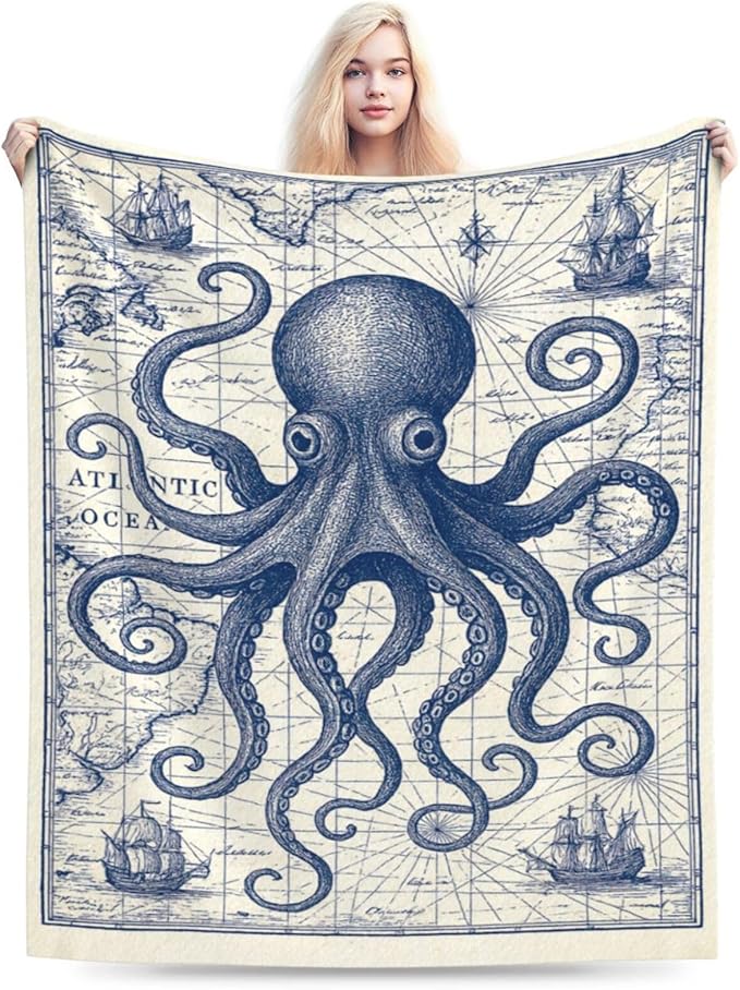 Nautical Octopus Blanket Super Soft Warm Fluffy Fleece Flannel Sea Animal Throw Blanket Cozy Fuzzy Plush Stuff Bedding Sealife Blankets Gifts for Women Kids Boys Girls Adults 50"X40"