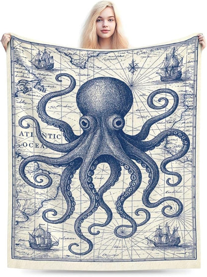Nautical Octopus Blanket Super Soft Warm Fluffy Fleece Flannel Sea Animal Throw Blanket Cozy Fuzzy Plush Stuff Bedding Sealife Blankets Gifts for Women Kids Boys Girls Adults 50"X40"
