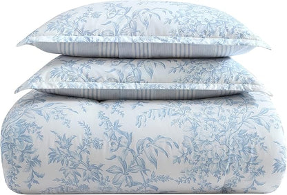 Laura Ashley - Queen Comforter Set, Soft & Reversible Cotton Floral Bedding with a Medium Weight Feel, 3 Piece Bed Set with Matching Pillowcases (Bedford Blue)