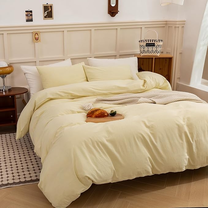 ECOCOTT Duvet Cover King Size, 100% Washed Cotton Linen-Like Soft & Breathable, Durable Comfy Bedding Set for All Seasons Light Yellow
