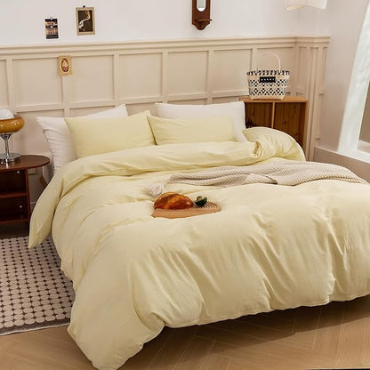 ECOCOTT Duvet Cover Set, 100% Washed Cotton Linen-Like Soft & Breathable, Durable Comfy Bedding Set for All Seasons (Light Yellow, Queen)