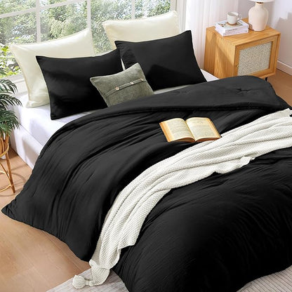 WRENSONGE Queen Comforter Set - 3 Pieces Prewashed Black Comforter Soft Lightweight for All Seasons,Fluffy Down Alternative Comforter Queen Size with 2 Pillow Shams