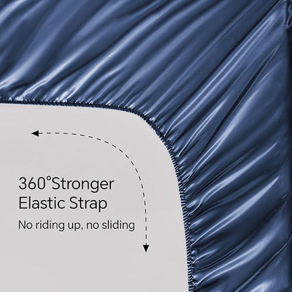 BEDELITE California King Sheets Set, Luxury Soft Navy Satin Sheets for Hair and Skin, Similar to Silk Bed Sheets Set 4 Pieces with 1 Deep Pocket Fitted Sheet, 1 Flat Sheet, and 2 Pillowcases
