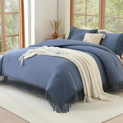 Andency Comforter King Size Set Bluish Grey, 3 Pieces Boho Tassel Lightweight Fluffy Bedding Comforters & Sets, Soft All Season Bed Set (104x90In Comforter & 2 Pillowcases)