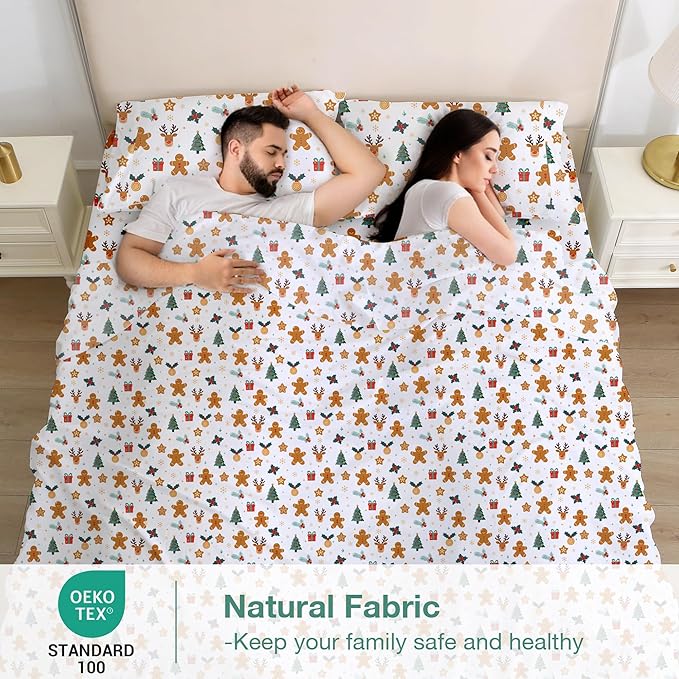 Softan Christmas Holiday Twin Size Sheet Set,3-Piece Printed Microfiber Fitted Bed Sheet with 15" Deep Pocket & Non-Slip Straps, Snowflake Reindeer Patterned Sheets & Pillowcase Set
