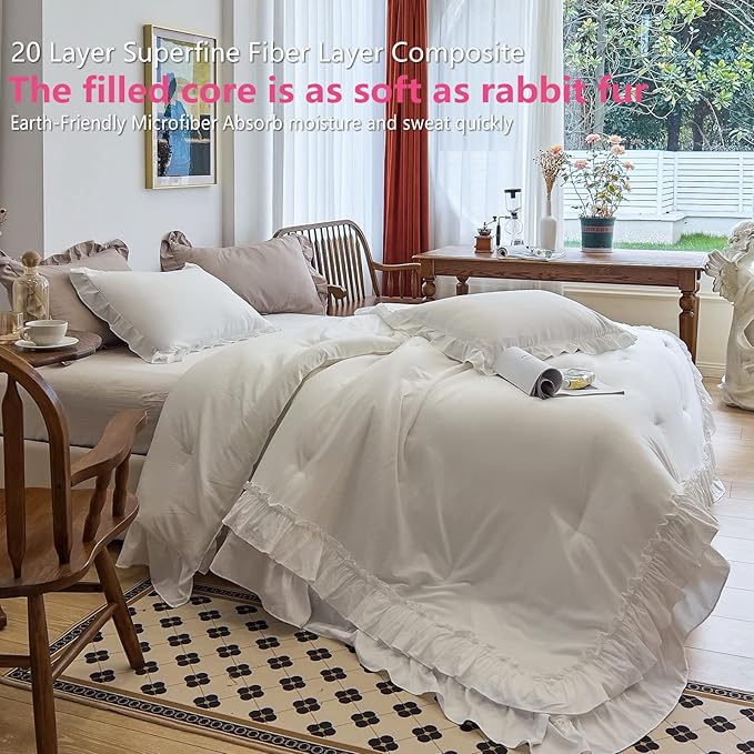 AIKASY White Comforters Twin Size Set, Vintage Boho Chic Farmhouse Bedding Sets Shabby Ruffle Queen Bed Comforter Bedding 3PCS（1 Comforter and 2 Pillowcases）
