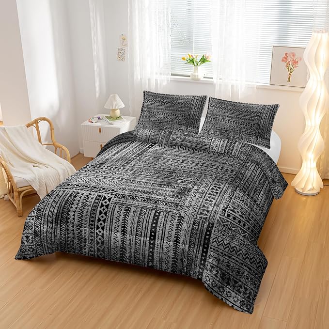 Grey Splicing Comforter Sets Queen Size, Bohemian Geometric Bedding Set for Your Room, Abstract Soft Lightweight Quilted Set All Season, 1 Comforter and 2 Pillowcases