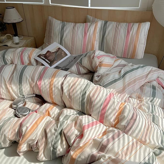 Striped Queen Size Comforter Down Alternative Washed Cotton Bedding Set Cozy Boho Fluffy Colorful Bedding Comforter Sets Farmhouse Soft All Season Cute Bed Comforter with 2 Pillowcases