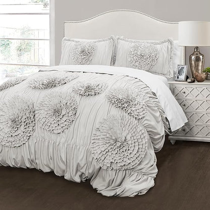 Lush Decor Serena Comforter Set, 3 Piece Set, Full/ Queen, Light Gray - Cute Comforter - Queen Bedding Set - Gray Comforter Queen Size - Coquette Decor