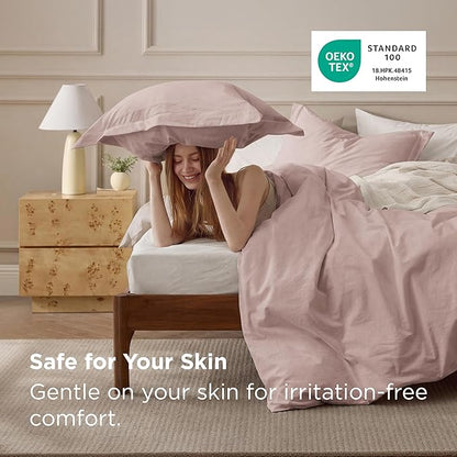 Bedsure 100% Washed Cotton Duvet Cover Twin Size - Petal Pink Minimalist Bedding Set Linen Like - PureWoven Plain Simple & Soft Comforter Cover for All Seasons (Petal Pink, Twin, 68"x90")