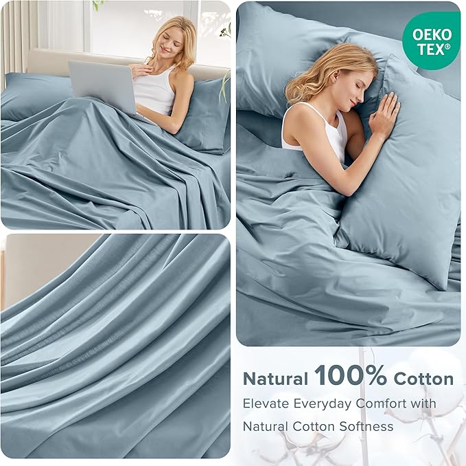Comfort Spaces Extra Deep Pocket, 100% Cotton King Fits up to 24" Mattress, Breathable, Naturally Cool, Soft, All Seasons Sheet Set, Blue 4 Piece