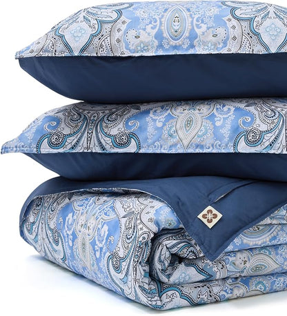 Bedsure Duvet Cover Queen Size - 100% Cotton Reversible Classic Paisley Damask Pattern Duvet Cover Set, 3 Pieces Soft & Breathable PureWoven Bedding Set with 2 Pillow Shams (Blue Paisley 104"x90")