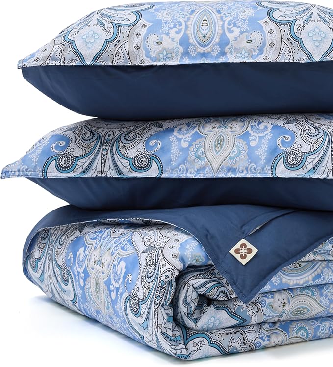 Bedsure Duvet Cover Queen Size - 100% Cotton Reversible Classic Paisley Damask Pattern Duvet Cover Set, 3 Pieces Soft & Breathable PureWoven Bedding Set with 2 Pillow Shams (Blue Paisley 90"x90")