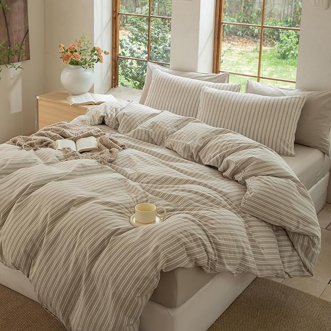 Striped Duvet Cover Set 100% Washed Cotton Linen Like Soft Feelling Breathable Bedding(Strip-Beige/White,Twin)