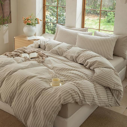 Striped Duvet Cover Set 100% Washed Cotton Linen Like Soft Feelling Breathable Bedding(Strip-Beige/White,Queen)