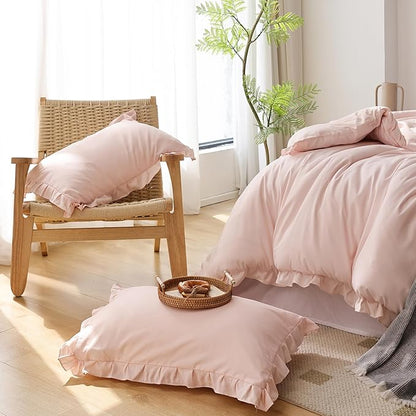 JANZAA Bedding Set, Blush Ruffle 3PCS (1 Comforter Set and 2 Pillow Covers) All Season, Shabby Chic, Vintage, Polyester, King, Soft