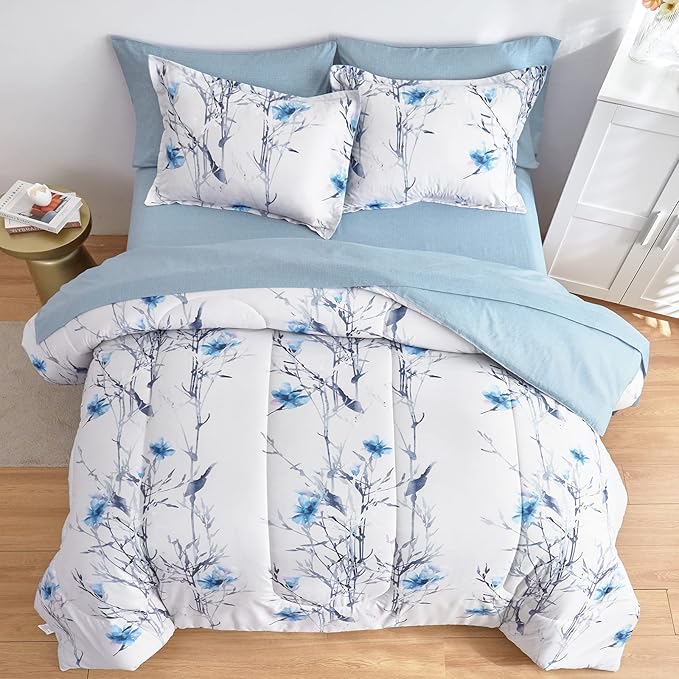 7 Piece Bed in a Bag Queen Comforter Set with Sheets, Blue Flower Branch on White Botanical Bedding Sets for All Season (1 Comforter, 2 Pillow Shams, 1 Flat Sheet, 1 Fitted Sheet, 2 Pillowcases)