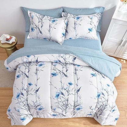 6 Piece Bed in a Bag Twin Comforter Set with Sheets, Blue Flower Branch on White Botanical Bedding Sets for Kids (1 Comforter, 2 Pillow Shams, 1 Flat Sheet, 1 Fitted Sheet, 1 Pillowcases)