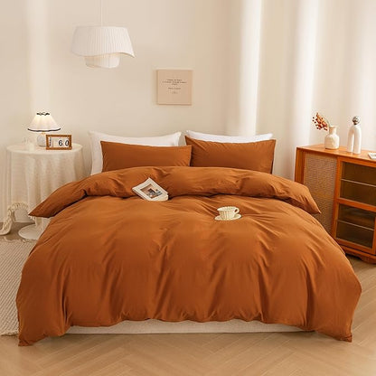 ECOCOTT 100% Washed Cotton Duvet Cover Full Size – Soft & Breathable Linen Feel Bedding Set, 3 Pieces Orange Comforter Cover with Zipper Closure for All Seasons