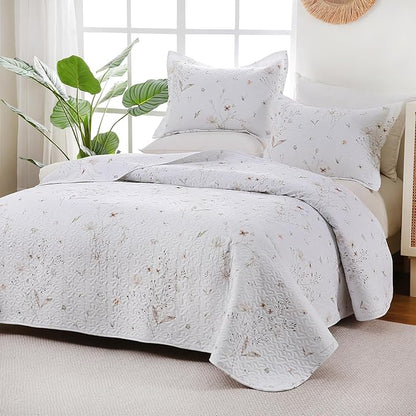 King Size Quilt Bedding Set, White Floral Bed Quilts Lightweight Reversible Farmhouse Bedspreads Quilted Coverlets with 2 Pillow Shams (104"×90")