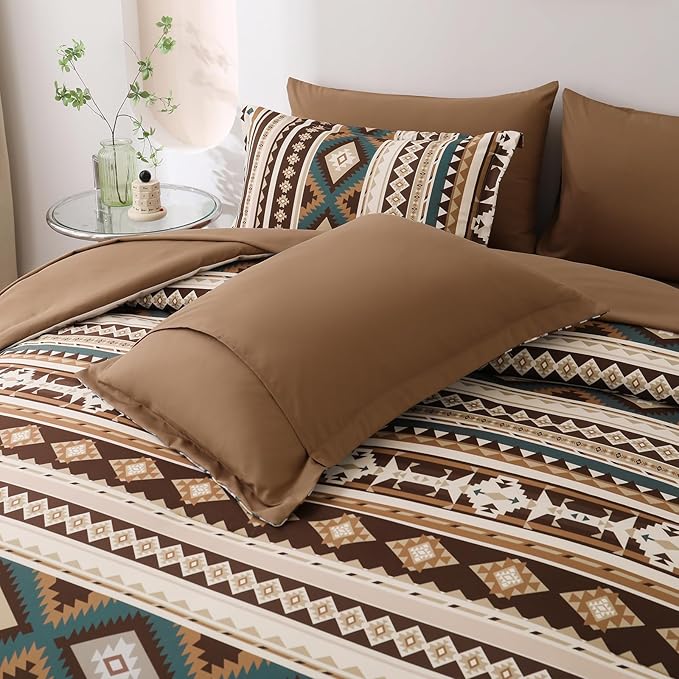 Dinjoy Brown Boho Comforter Set Queen Size,7 Pieces Bed in a Bag Queen Coffee Aztec Bedding Sets with Sheets Bohemian Geometric Striped Complete Set for Fall Winter 90"x90"