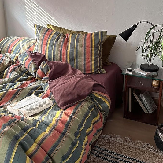 VM VOUGEMARKET Red Green Striped Duvet Cover Full Size Stylish Farmhouse Style Washed Cotton Multi-Color Stripes Bedding Set 1 Duvet Cover with 2 Pillowcases