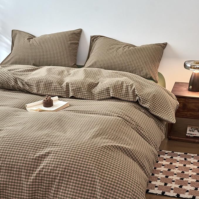 Gingham Twin Size Duvet Cover Sage Green Washed Cotton Comforter Cover Twin Size Plaid Checkered Country Zipper Duvet Cover Set with Corner Ties Boho Soft Bedding Set for Boys Duvet Protector