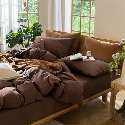 MooMee Bedding Duvet Cover Set 100% Washed Cotton Linen Like Textured Breathable Durable Soft Comfy (Solid Cocoa Brown, Super King 108"x98")