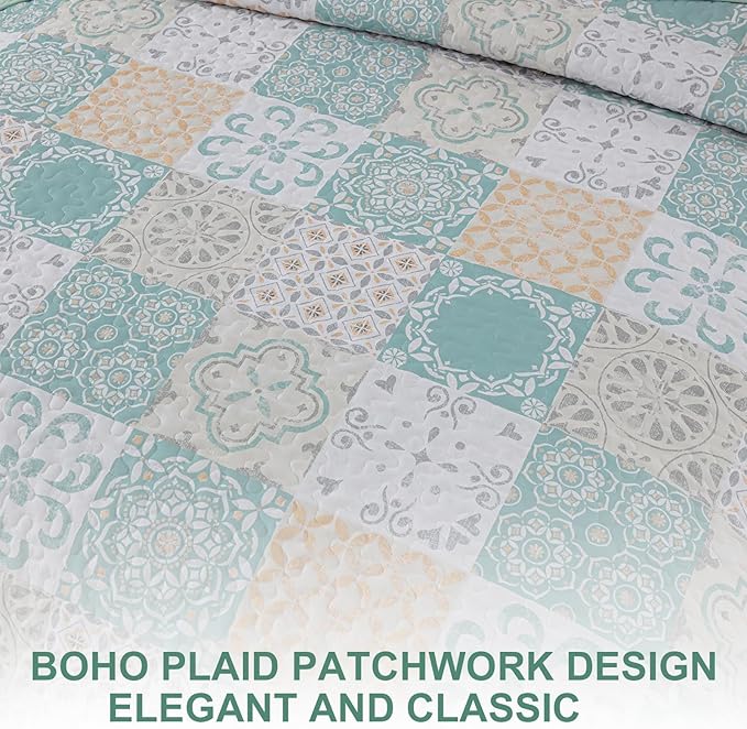 Dobuyly Patchwork Quilt Set Queen Size 3 Pieces Sage Green Yellow Boho Plaid Bedspreads, Summer Plaid Floral Coverlet Set, Soft Lightweight Microfiber Quilted Bedding Set for All Seasons 96"x90"