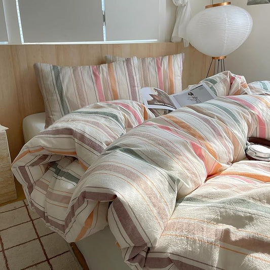 Striped Full Comforter Sets Down Alternative Washed Cotton Bedding Set Cozy Boho Fluffy Colorful Bedding Comforter Sets Farmhouse Soft All Season Cute Bed Comforter with 2 Pillowcases