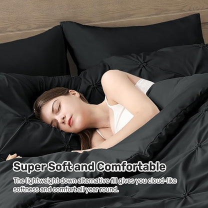 UNIKOME King Size Comforter Set Black - Ultra Soft Boho Pintuck Down Alternative Bedding Set for All Seasons, 3 Pieces Lightweight Warm Pinch Pleat Bed Set with Comforter, 2 Pillowcases