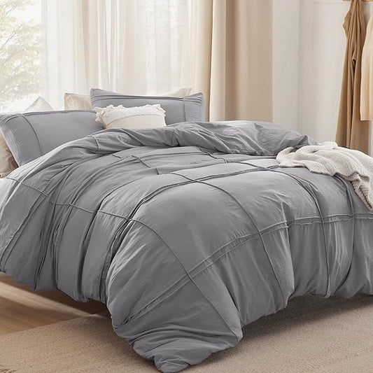 Bedsure Grid Boho Duvet Cover Queen Size - Shabby Chic Tufted Boho Bedding Set, 3 Pieces Shabby Chic Home Bedding for All Seasons, Includes 1 Queen Duvet Cover & 2 Pillowcases (Grey, 90" x 90")