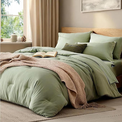 WRENSONGE Twin Comforter Set- 5 Pieces Sage Green Bed in a Bag, All Season Twin XL Bedding Sets with 1 Fitted Sheet, 1 Flat Sheet, 1 Pillow Sham and 1 Pillowcase